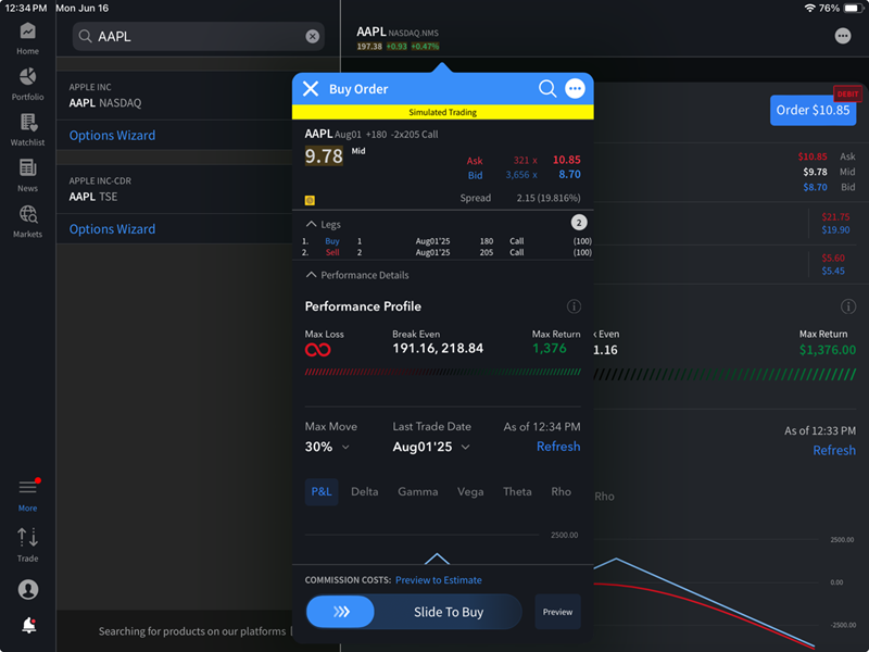 The options wizard buy order on the iPad